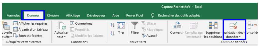 Accès au menu validation des données pour créer une liste déroulante